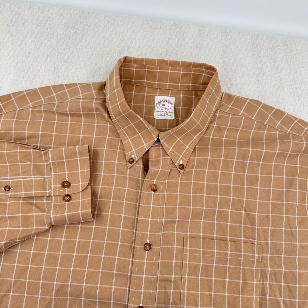 Brooks Brothers 346 Non-Iron Long Sleeve Button Down Mens XXL Tan Check Casual